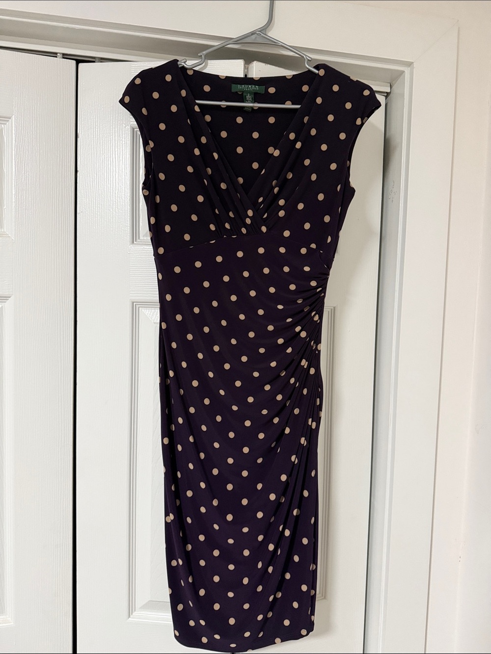 Ralph Lauren Navy Polka Dot Faux-Wrap Midi Dress